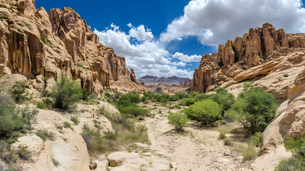 Fototapeta premium Scenic desert canyon landscape view with sandstone formations and desert flora