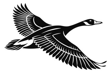 Obraz premium Flying goose vector art: detailed illustration of a canada goose in flight with wings spread, black and white, 100 characters isolated on transparent background