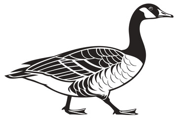 Detailed black and white illustration of a goose walking with its neck stretched forward vector drawing isolated on transparent background