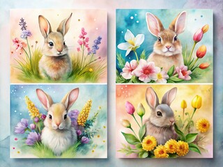 Watercolor Easter Bunny Cards: Adorable Rabbits & Vibrant Flowers