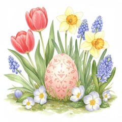 Obraz premium Pastel Spring Flowers and Decorated Egg