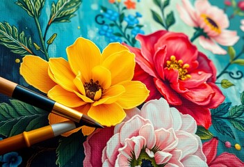 Close-up vibrant floral painting detail; brushes, paints surround canvas, studio, vibrant