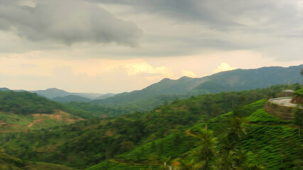 Fototapeta premium A breathtaking water color style view of lush green hills stretching into the distance under a moody, cloudy sky