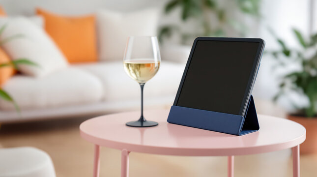 dark-blue tablet case stands on a pink side table next to a glass of wine.