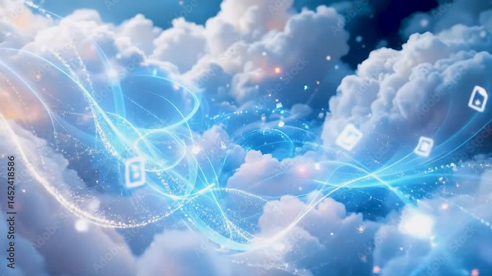 Leinwandbilder a serene cloudscape infused with ethereal blue light trails. soft, fluffy clouds dominate the backgr