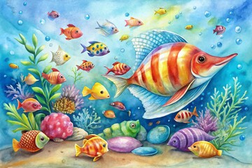 Naklejka premium Whimsical Watercolor Shell Aquarium: Kids Room Decor Stock Photo
