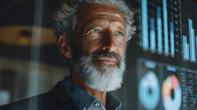 Strategic Visionary: A seasoned businessman with a contemplative gaze, studies complex data visualizations projected on a large screen, symbolizing strategic planning and future forecasting.