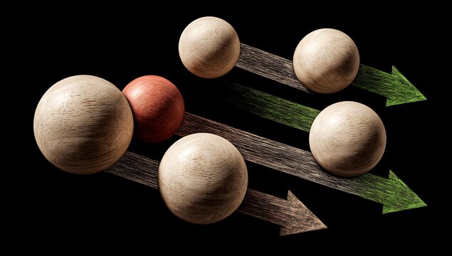 Abstract Wooden Spheres Moving Along Diverging Arrows Representing Business Strategy and Choices