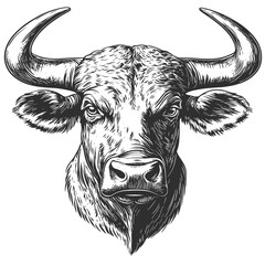 Bull head engraving, vintage sketch style, isolated on white background, woodcut illustration, retro cattle art, hand drawn bull vector, wild ox head image, farm animal graphic,