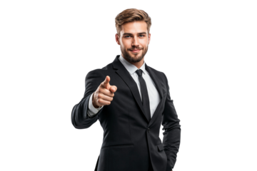 Confident young businessman pointing directly at the camera with a slight smile, isolated on transparent or white background