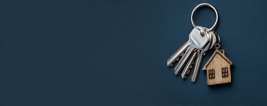 House Keys with Wooden Home Keychain on Dark Blue Background