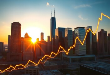 Naklejka premium Chicago skyline sunset, skyscrapers reflecting golden light, financial graph hologram, chart, hologram