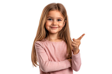 Smiling young girl confidently pointing to the side, suggesting direction, idea, or focus, isolated on white background