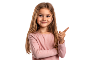Smiling young girl confidently pointing to the side, suggesting direction, idea, or focus, isolated on white background