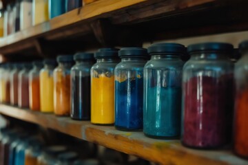 Glass jars filled with colorful pigment powders are neatly arranged on wooden shelves, creating a vibrant and inspiring scene in an artist's studio