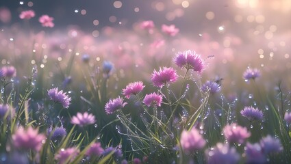 Obraz premium Dreamy meadow with pink and purple wildflowers, dewy grass, and soft bokeh sunlight, capturing the fresh glow of an early spring morning. 