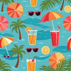 Tropical Summer Vacation Beach Cocktails Sunshades and Palm Trees Seamless Pattern Design
