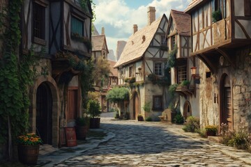 Fototapeta premium Charming cobblestone road winding through a picturesque European village with traditional half timbered houses adorned with flowers and greenery
