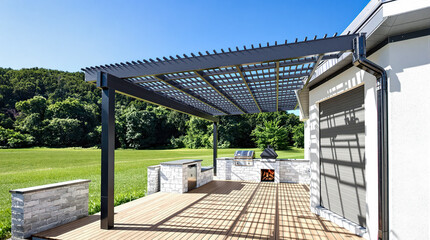 modern outdoor kitchen with dark pergola and wooden deck