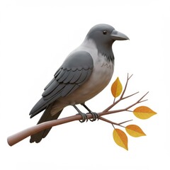 Fototapeta premium Gray Crow Perched on Branch with Autumn Leaves