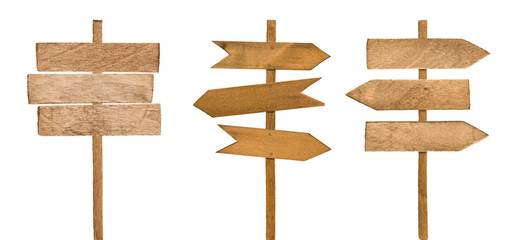 Set of wooden directional signposts isolated on white background with clipping path. Design element. Collection of direction signs.