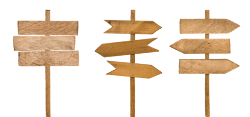 Set of wooden directional signposts isolated on white background with clipping path. Design element. Collection of direction signs.