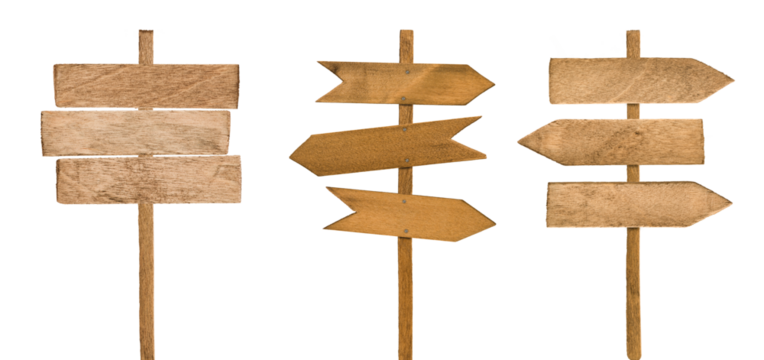Set of wooden directional signposts isolated on white background with clipping path. Design element. Collection of direction signs.