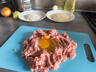 Raw minced meat egg flour and ingredients for preparing dumplings