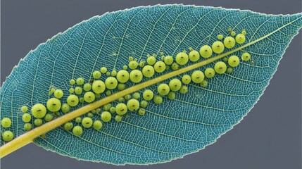 Macro shot of a vibrant green leaf showcasing intricate details and plant galls