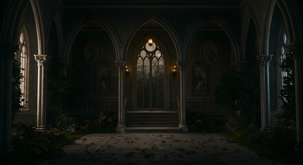 Obraz premium Enchanted Gothic Hallway with Illuminated Arched Windows and Decor