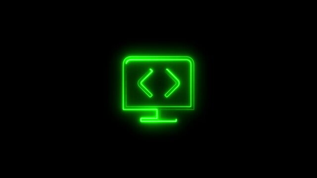 Green neon glowing computer screen with code symbols on a black background