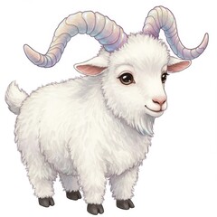 Fototapeta premium Adorable White Fluffy Goat with Large Curled Horns