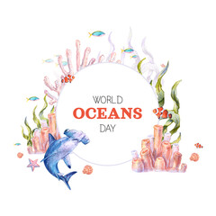 Watercolor round banner with marine life and “World Oceans Day” text. Features corals, a hammerhead shark, clownfish, shells, seaweed. Perfect for posters, cards, and awareness campaigns.