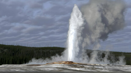 Geyser erupting in a dramatic display.  Massive plume of steam and hot water rising from a geothermal vent.  Cloudy sky above forested landscape