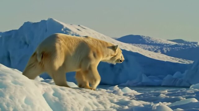Polar bear walks on icy landscape during sunrise in the Arctic region