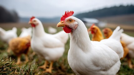 Naklejka premium White chickens roam freely in a lush green field on an organic farm during daylight, showcasing healthy farming practices