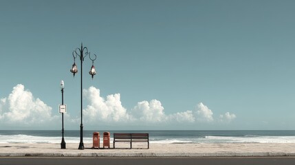 Calm Coastal Scene with Bench and Street Lamps by the Ocean
