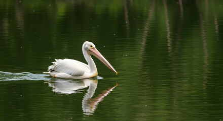 Obraz premium Elegant White Pelican Swimming Gracefully on Tranquil Green Water