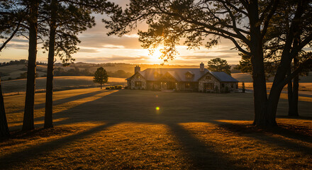Serene Rural Estate At Sunset With Long Shadow Casting Trees