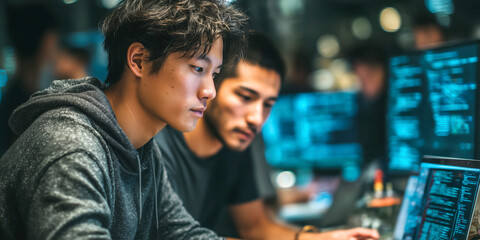 Focused software developers collaborating code review, one Asian one Hispanic, modern office