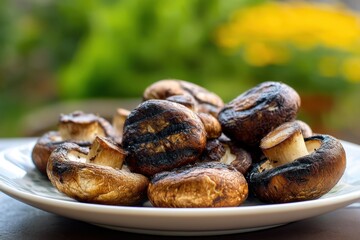 Obraz premium Grilled Mushrooms: A Delicious and Flavorful Dish, Perfectly Charred with Smoky Notes, Cooked Outdoors.