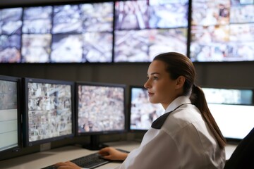 Female security officer working in surveillance room, monitoring cctv cameras on multiple computer screens, ensuring safety and security