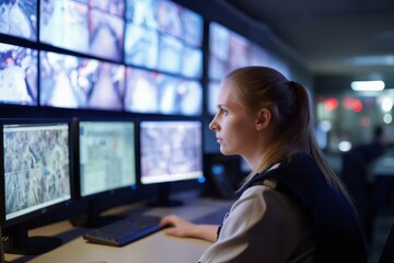 Security operator monitoring multiple screens in a control room, ensuring safety and preventing incidents