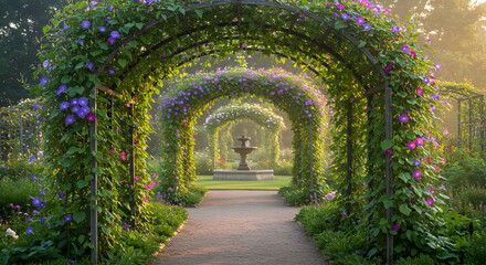 Fototapeta premium Tranquil Garden Arborway With Lush Morning Glories And Distant Fountain