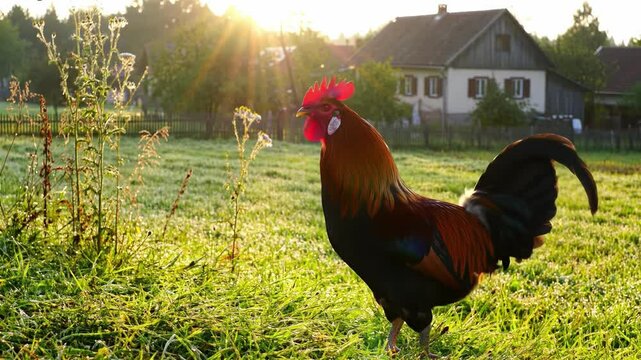 Rooster crowing in a serene countryside at sunrise