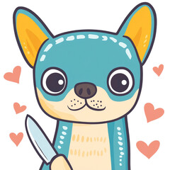 Naklejka premium Cute cartoon blue chihuahua holding a knife surrounded by hearts, perfect for playful and whimsical illustrations, children's books, and fun designs