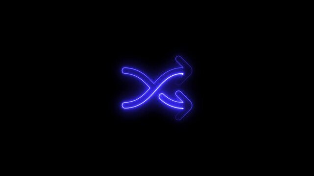 Glowing neon shuffle symbol animated on black background for music and randomization