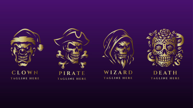4 skull logo collection vector in a gold color