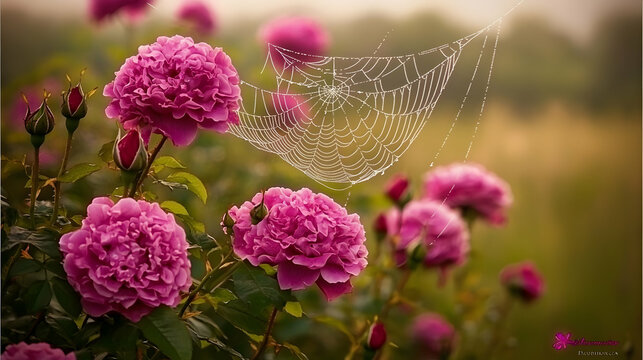 Delicate pink roses and a spiderweb covered in dew drops. Lush roses, glistening dew, and intricate cobweb in a garden setting