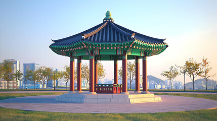 Obraz premium Korean gazebo in park, city view. Sunrise or sunset